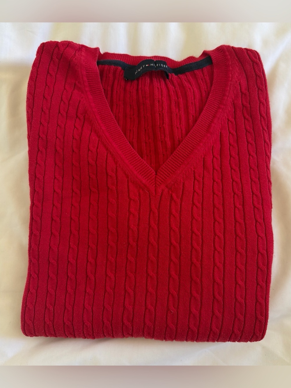 Tommy Hilfiger Red Cable Knit V-Neck Sweater